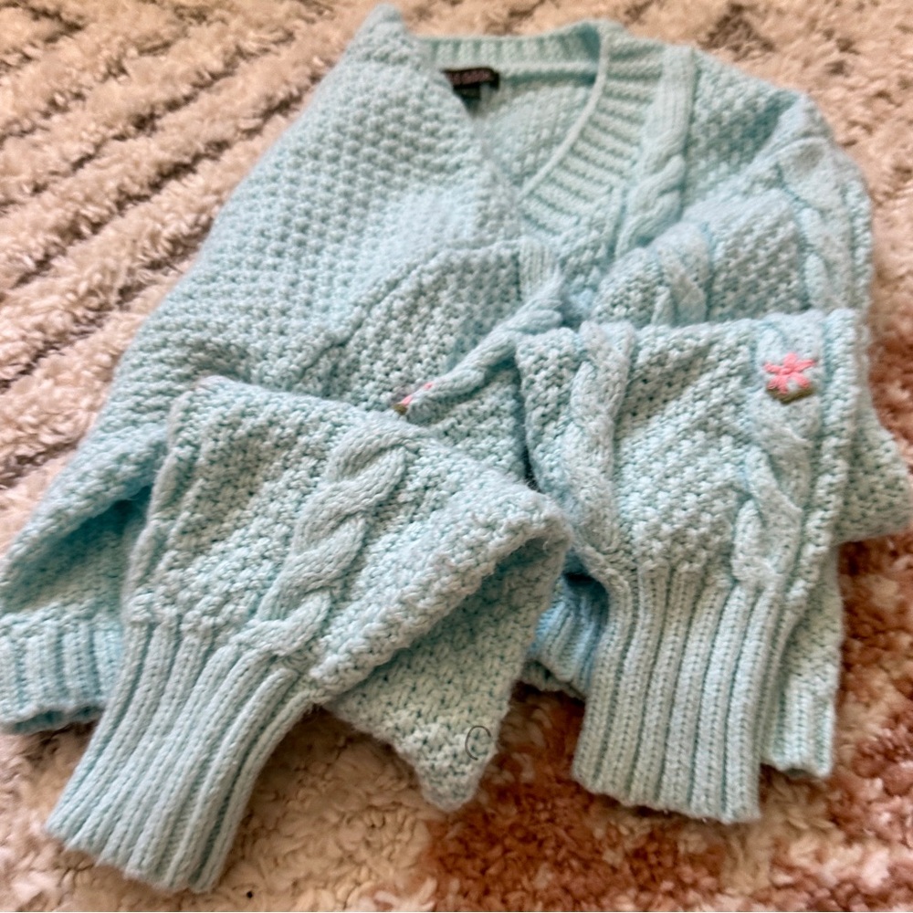 Baby Blue🩵Embroidered Floral 🌸 Cropped Cable Knit Cardigan Cottagecore Sweater - Picture 5 of 5